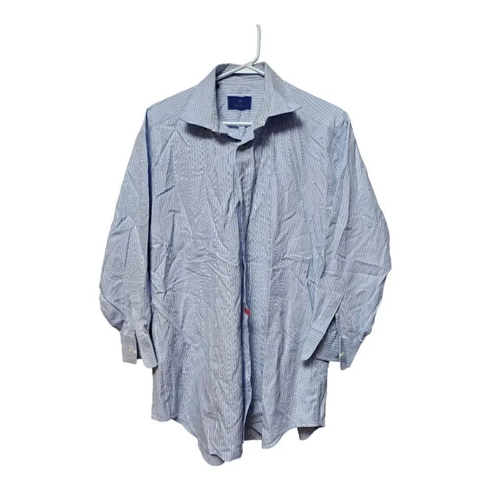 3027 - David Donahue Dress Shirt Mens 17.5  34/35 Blue Striped 100% Cotton